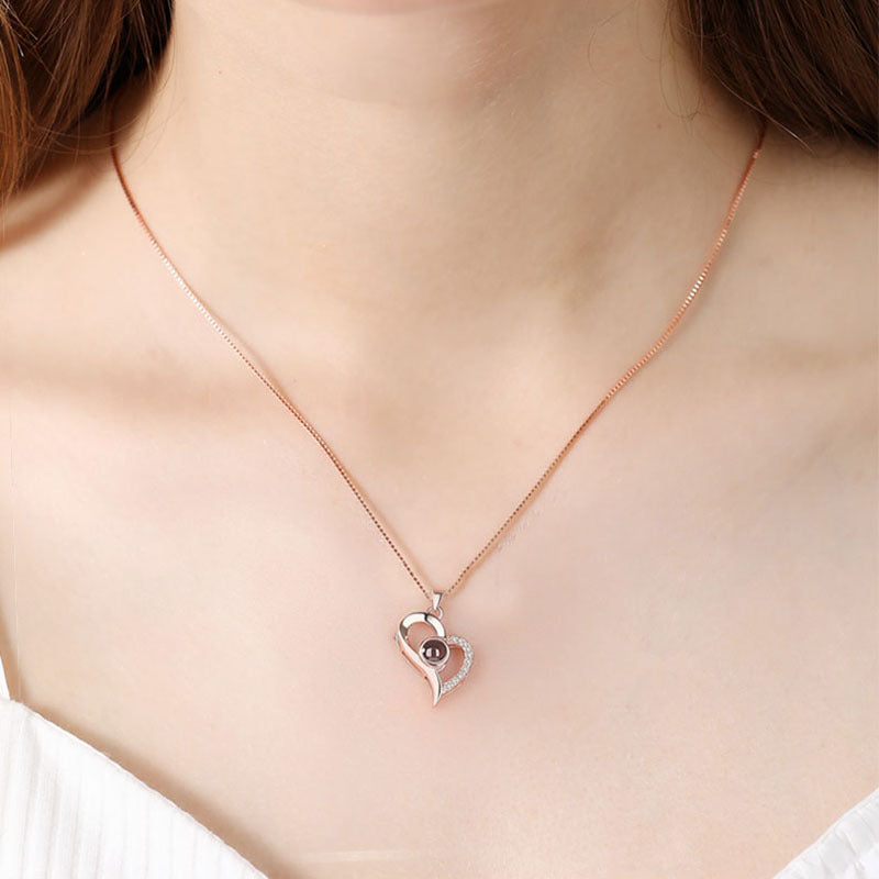 100 languages S925 sterling silver oblique peach heart memory love necklace I love you Douyin projection gift does not fade