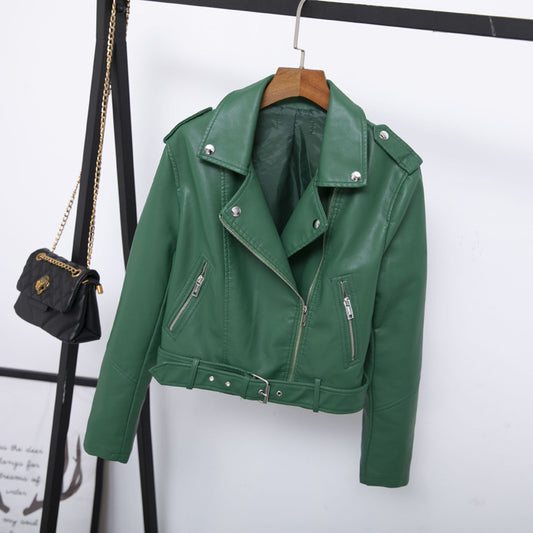 2023 autumn new epaulet lapel short belt women's PU leather jacket simple leather jacket Haining motorcycle jacket