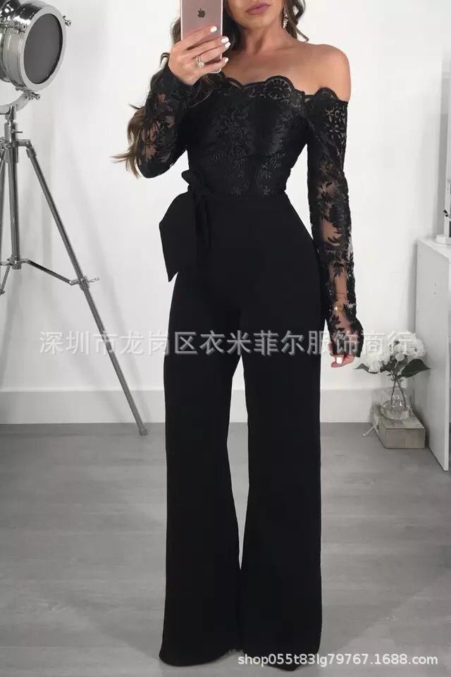 2019 hot style European and American casual ladies lace-up collar wide-leg solid color jumpsuit