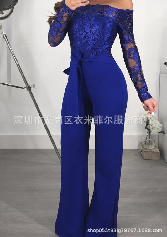 2019 hot style European and American casual ladies lace-up collar wide-leg solid color jumpsuit