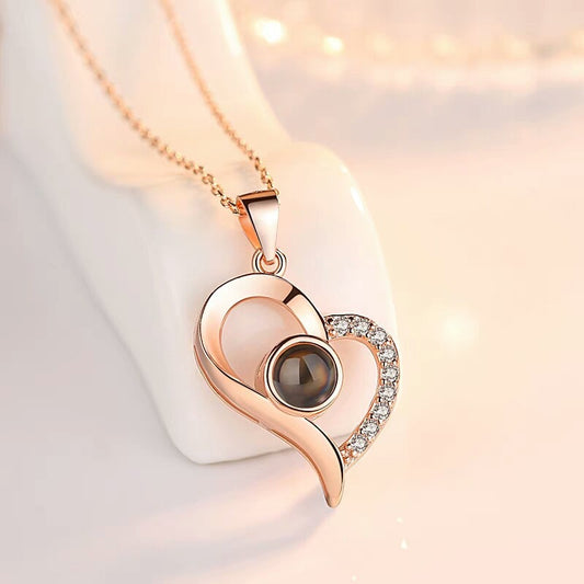 100 languages S925 sterling silver oblique peach heart memory love necklace I love you Douyin projection gift does not fade