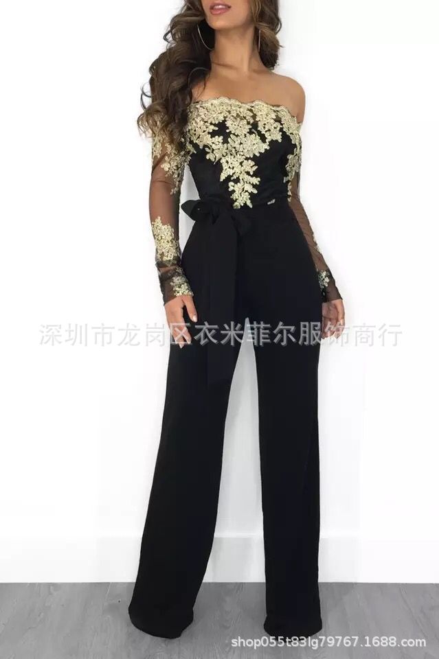 2019 hot style European and American casual ladies lace-up collar wide-leg solid color jumpsuit