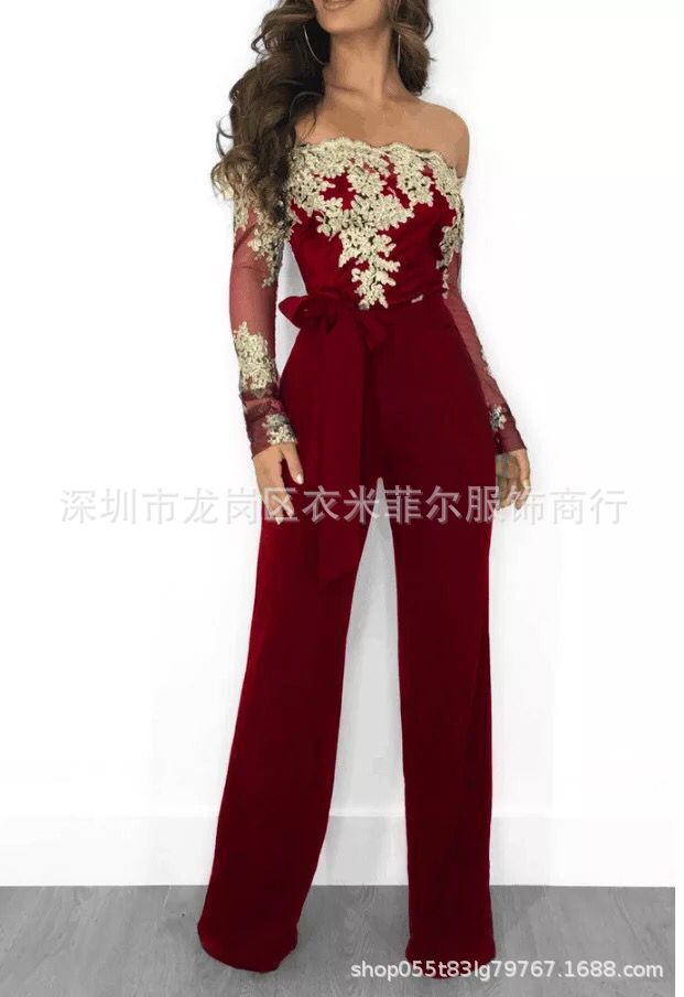 2019 hot style European and American casual ladies lace-up collar wide-leg solid color jumpsuit