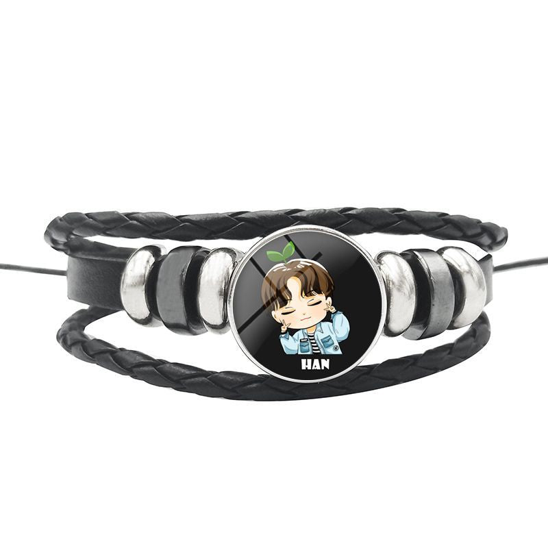 AliExpress New Stray Kids Men's Group Anime Head Leather Braided Bracelet Retro Round Glass Button Bracelet