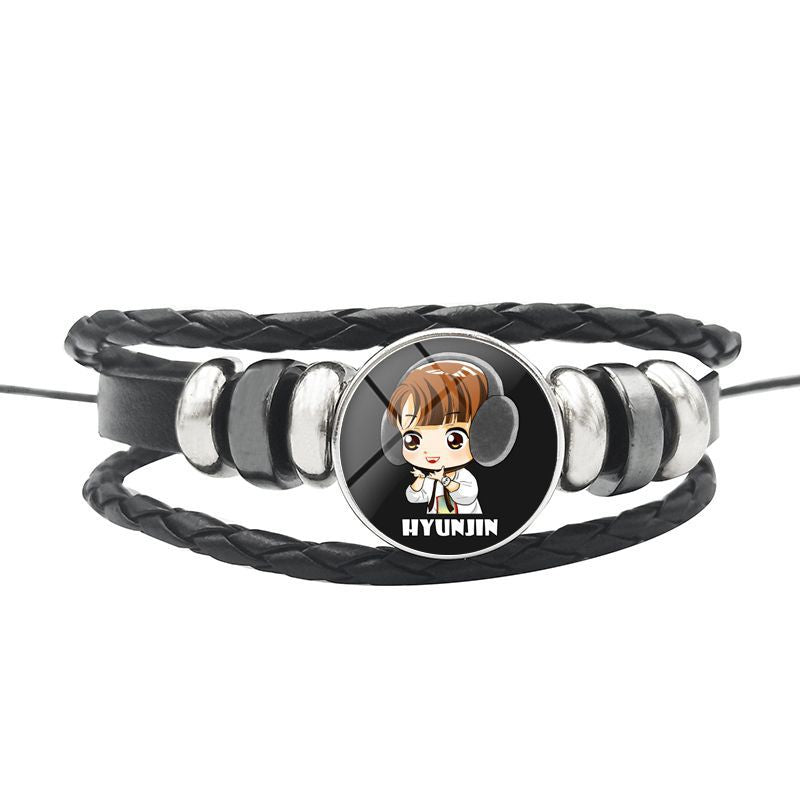 AliExpress New Stray Kids Men's Group Anime Head Leather Braided Bracelet Retro Round Glass Button Bracelet