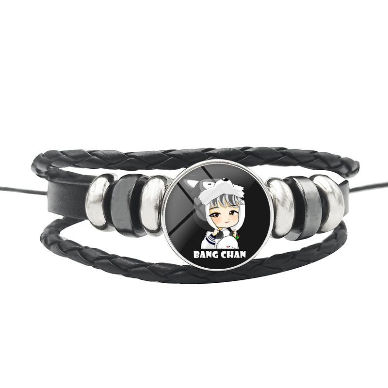 AliExpress New Stray Kids Men's Group Anime Head Leather Braided Bracelet Retro Round Glass Button Bracelet