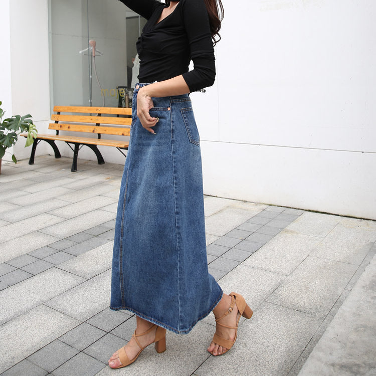 (NO BELT!!!) 2024 Spring and Autumn New Korean High Waist Skirt Women's Fat M Large Size Slim Cross-border Medium and Long A-line Denim Skirt(NO BELT!!!)