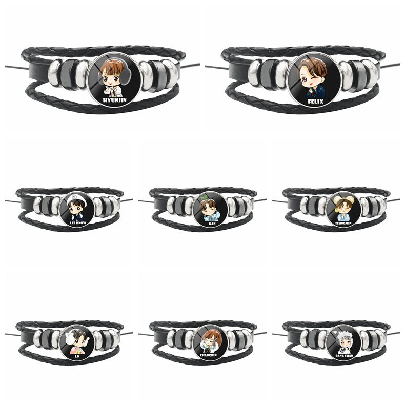 AliExpress New Stray Kids Men's Group Anime Head Leather Braided Bracelet Retro Round Glass Button Bracelet