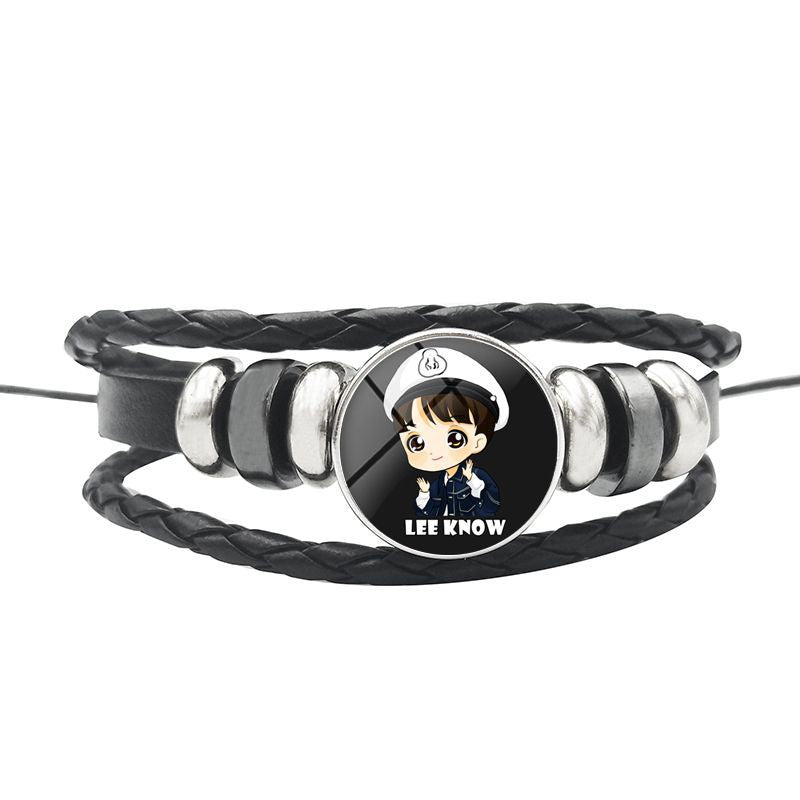 AliExpress New Stray Kids Men's Group Anime Head Leather Braided Bracelet Retro Round Glass Button Bracelet