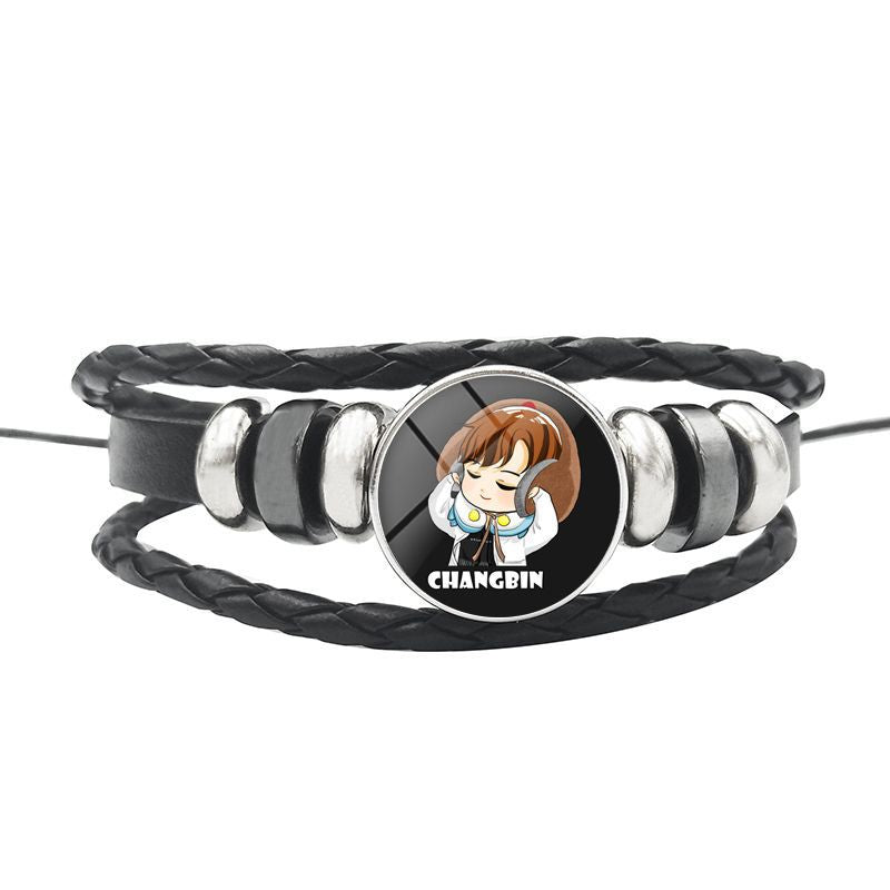 AliExpress New Stray Kids Men's Group Anime Head Leather Braided Bracelet Retro Round Glass Button Bracelet