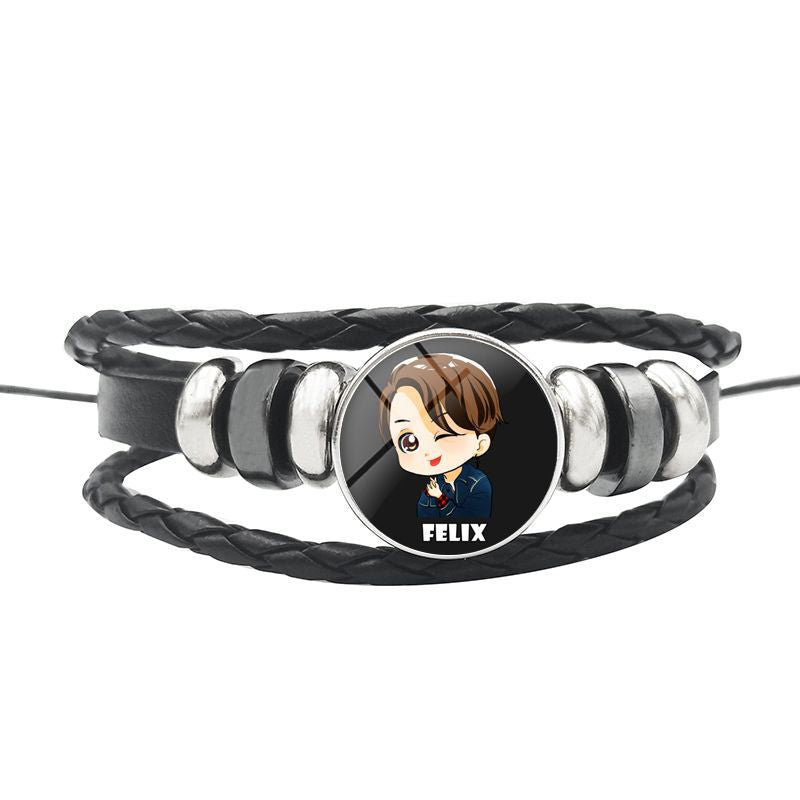 AliExpress New Stray Kids Men's Group Anime Head Leather Braided Bracelet Retro Round Glass Button Bracelet