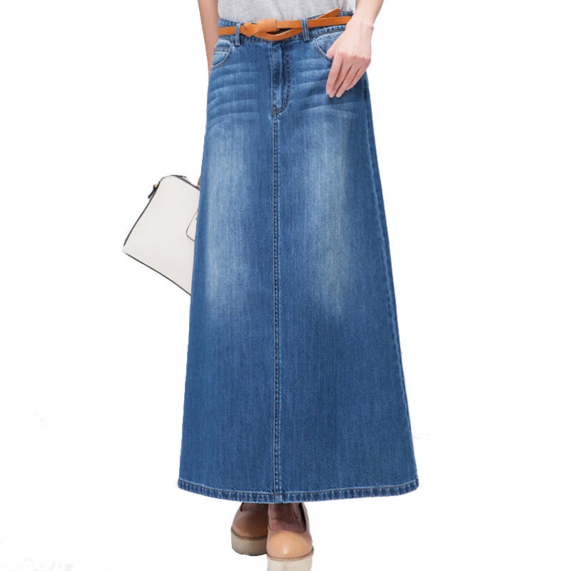 (NO BELT!!!) 2024 Spring and Autumn New Korean High Waist Skirt Women's Fat M Large Size Slim Cross-border Medium and Long A-line Denim Skirt(NO BELT!!!)