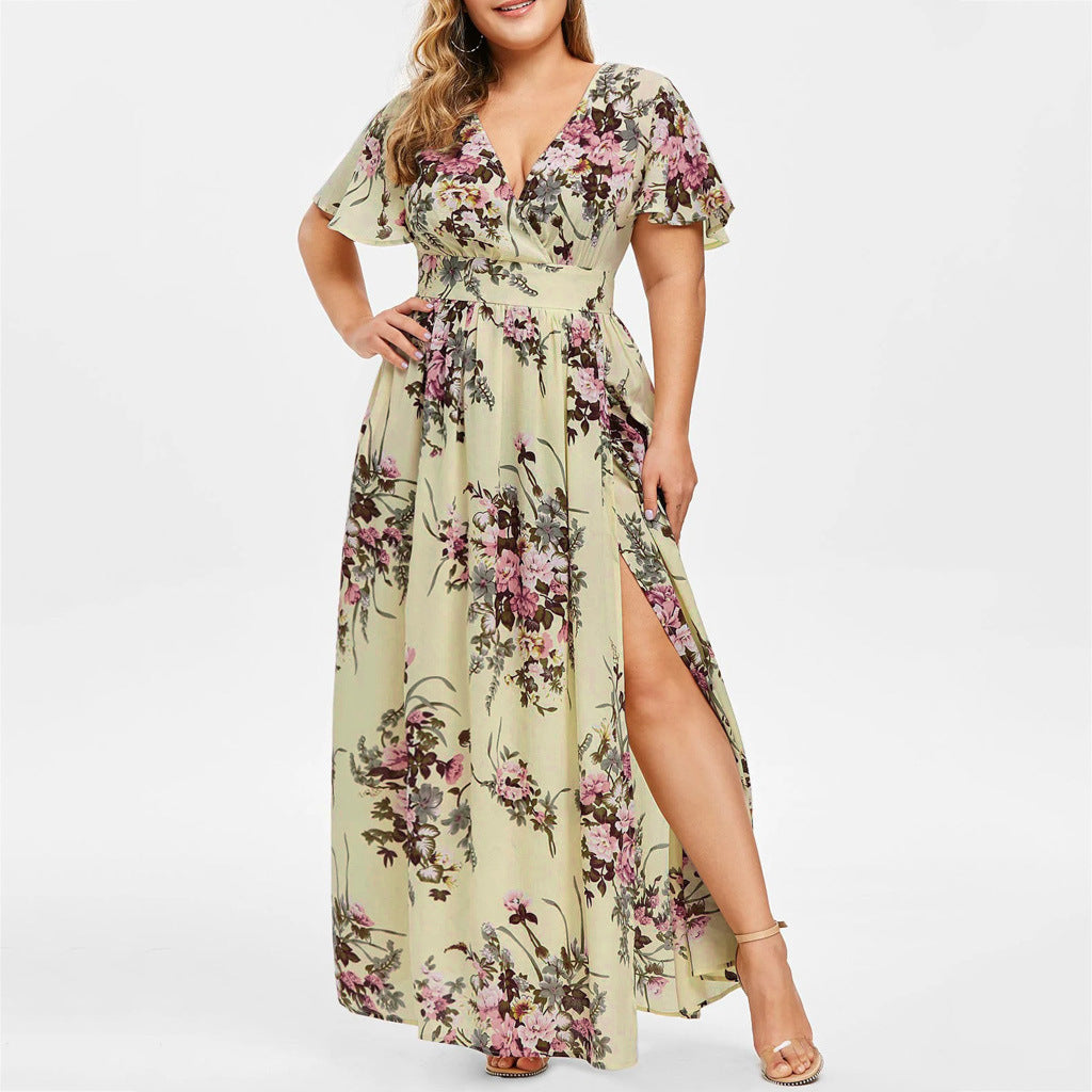 2023 European and American summer new plus size women's fat sister printed hem slit printed dress factory spot