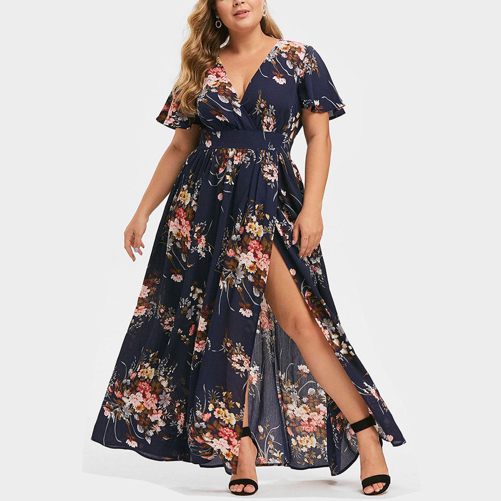 2023 European and American summer new plus size women's fat sister printed hem slit printed dress factory spot