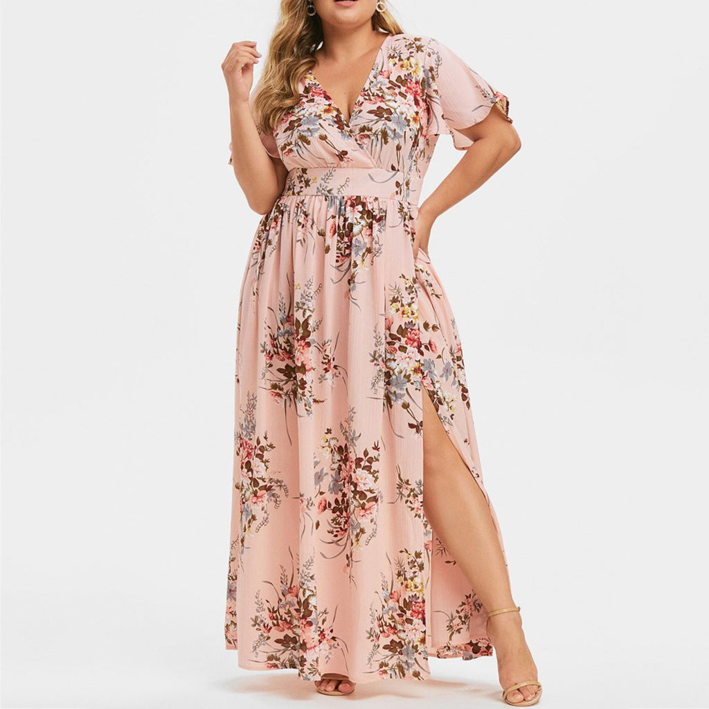 2023 European and American summer new plus size women's fat sister printed hem slit printed dress factory spot