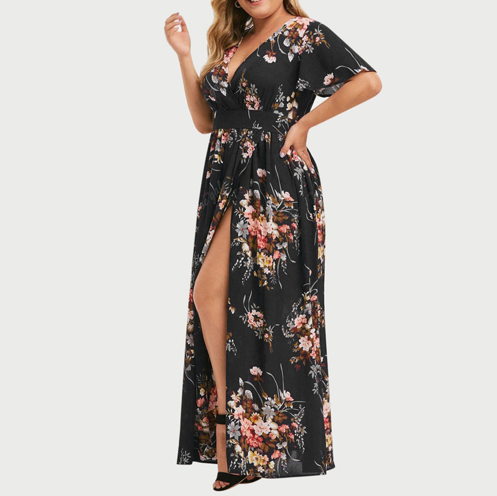 2023 European and American summer new plus size women's fat sister printed hem slit printed dress factory spot