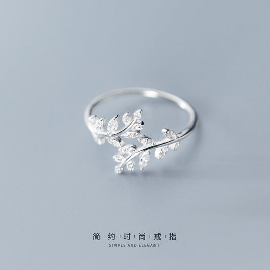 Ailuoqi S925 silver ring female Japanese and Korean style simple small fresh leaf branch diamond open ring J6156