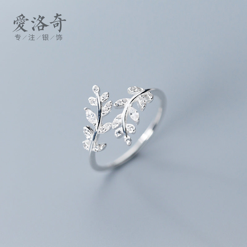 Ailuoqi S925 silver ring female Japanese and Korean style simple small fresh leaf branch diamond open ring J6156