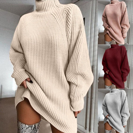 2022 autumn and winter new products wish explosive style knitted sweater mid-length raglan sleeve half turtleneck sweater dress