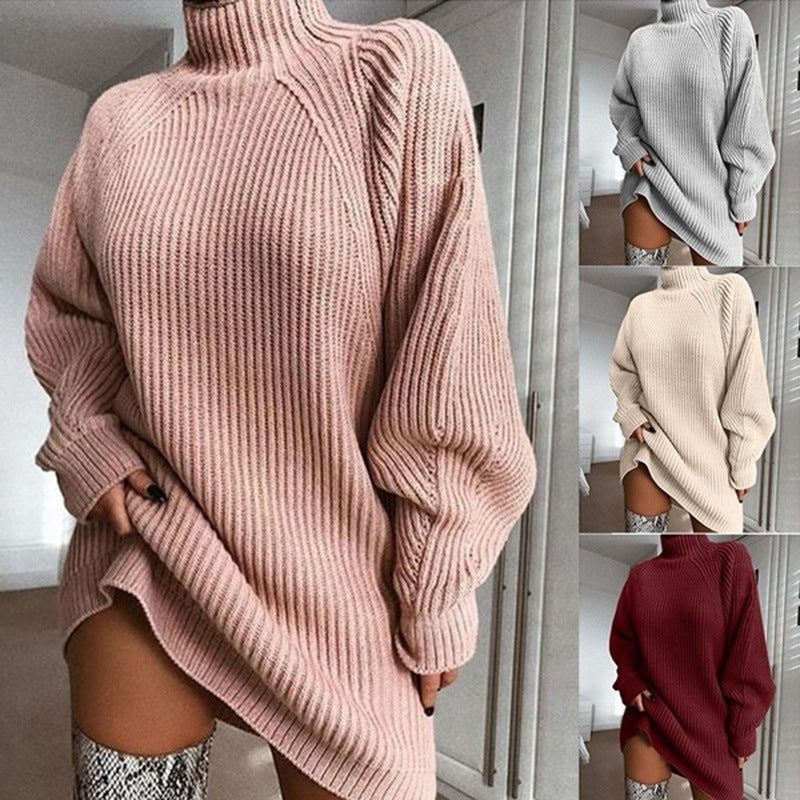 2022 autumn and winter new products wish explosive style knitted sweater mid-length raglan sleeve half turtleneck sweater dress