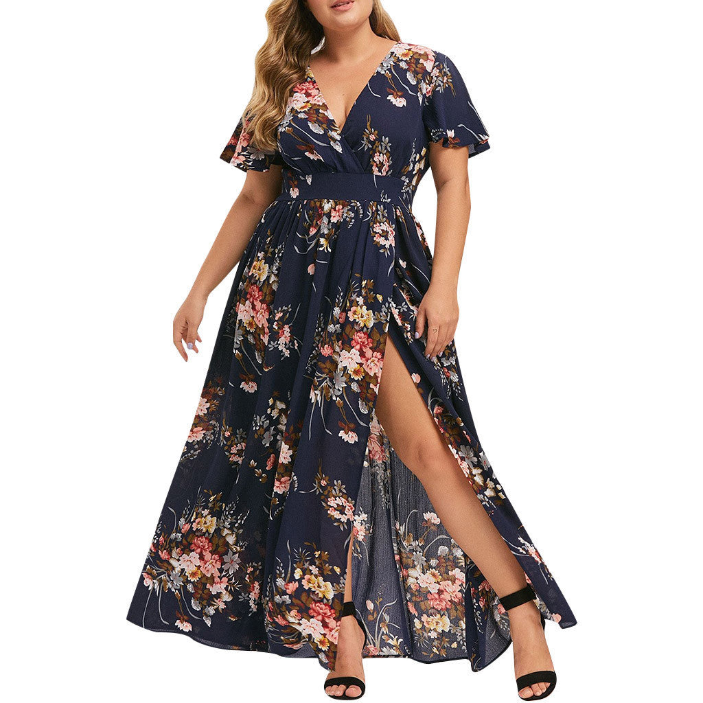 2023 European and American summer new plus size women's fat sister printed hem slit printed dress factory spot