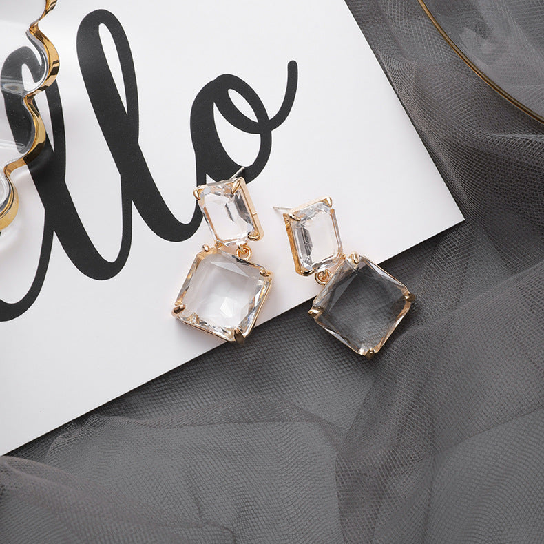 925 silver needle simple and exaggerated trendy pop crystal square earrings fashion sweet temperament geometric transparent earrings