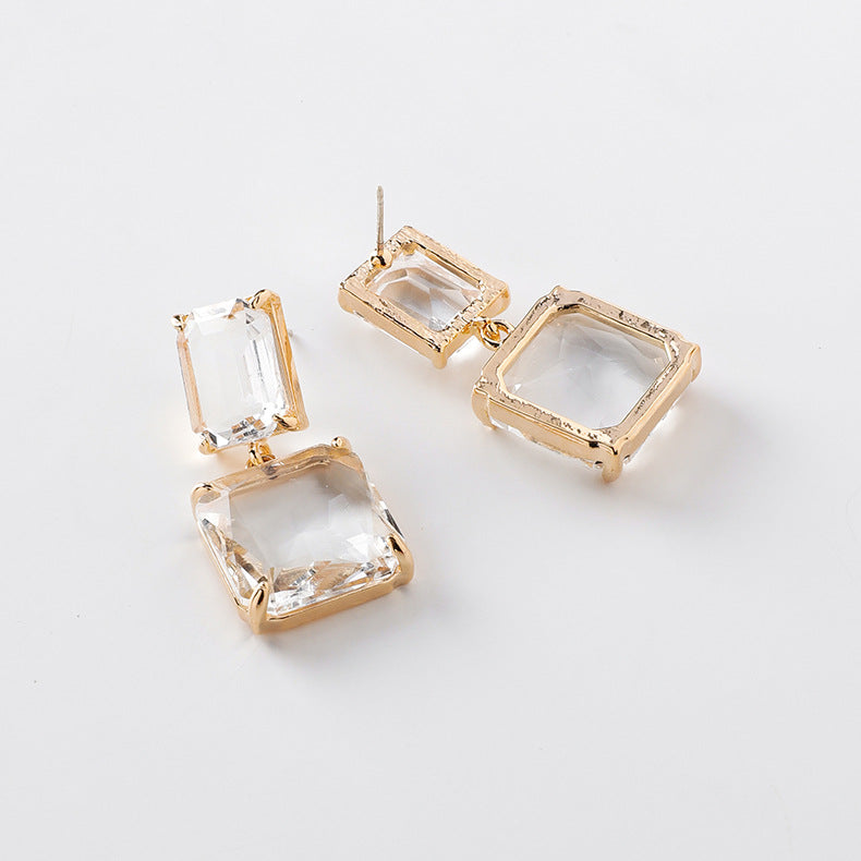 925 silver needle simple and exaggerated trendy pop crystal square earrings fashion sweet temperament geometric transparent earrings