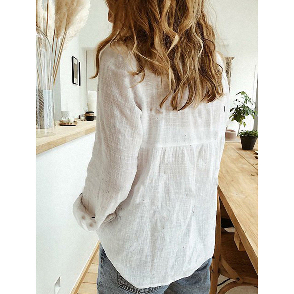 2021 spring and autumn Amazon ebay Europe and the United States solid color casual loose long-sleeved linen shirt in stock