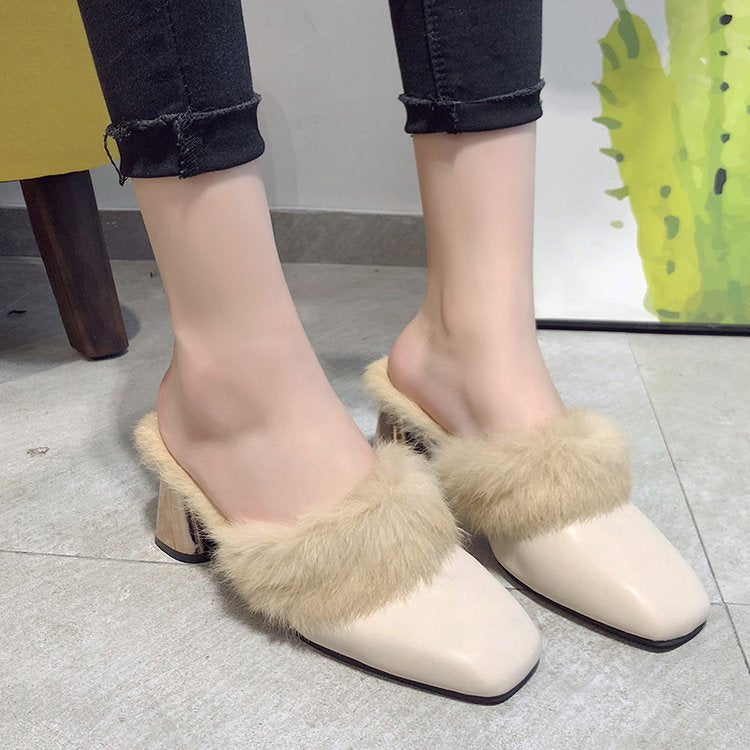 2022 spring and autumn Korean version square scalp face hairy thick-heeled slippers high-heeled semi-trailer fashion women's shoes