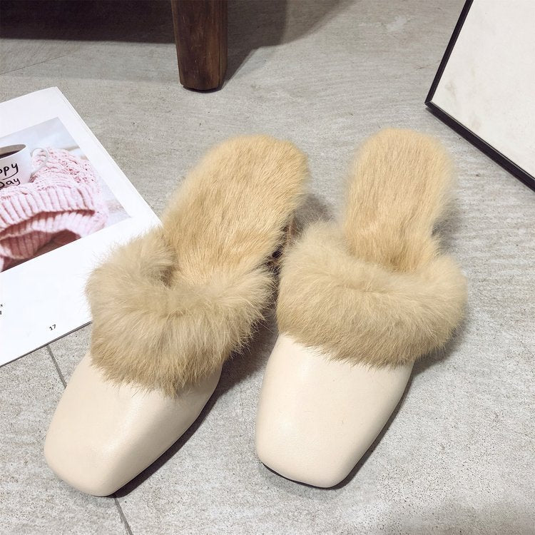 2022 spring and autumn Korean version square scalp face hairy thick-heeled slippers high-heeled semi-trailer fashion women's shoes