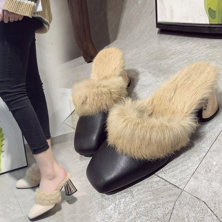 2022 spring and autumn Korean version square scalp face hairy thick-heeled slippers high-heeled semi-trailer fashion women's shoes