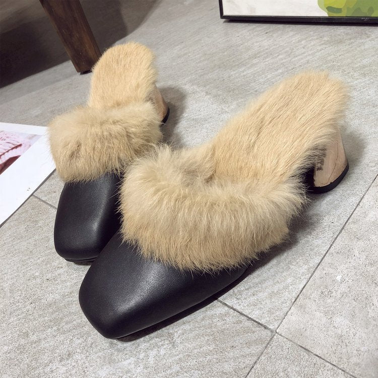 2022 spring and autumn Korean version square scalp face hairy thick-heeled slippers high-heeled semi-trailer fashion women's shoes