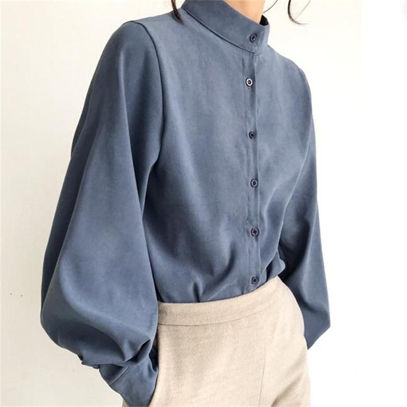 AliExpress Amazon ebaywish foreign trade autumn and winter shirt stand-up collar lantern sleeve shirt long-sleeved loose top