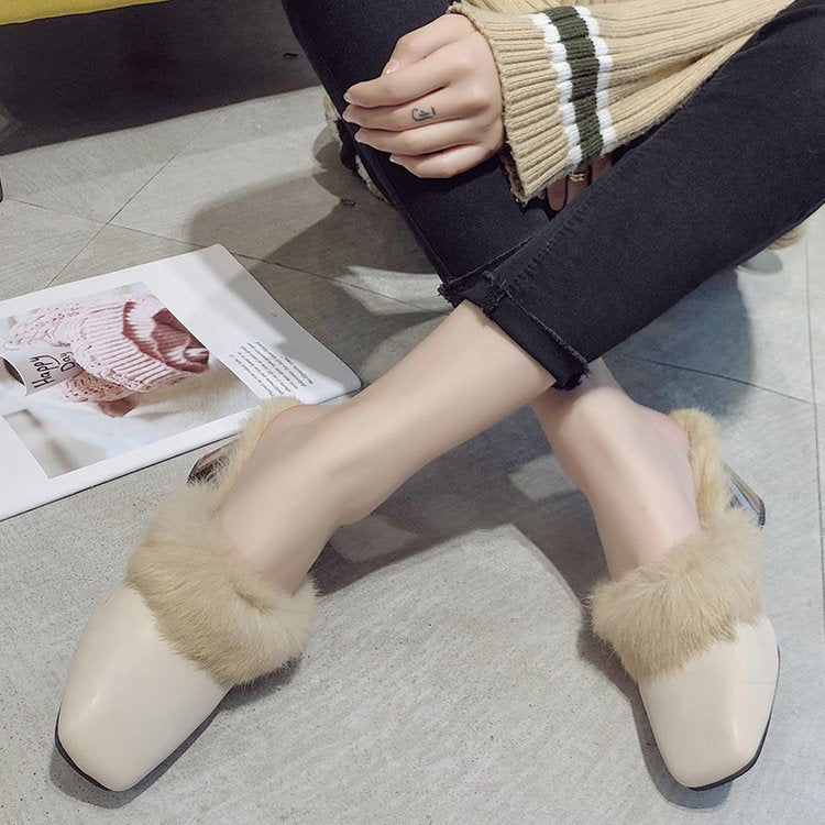 2022 spring and autumn Korean version square scalp face hairy thick-heeled slippers high-heeled semi-trailer fashion women's shoes