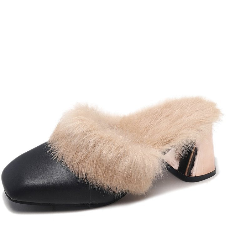 2022 spring and autumn Korean version square scalp face hairy thick-heeled slippers high-heeled semi-trailer fashion women's shoes