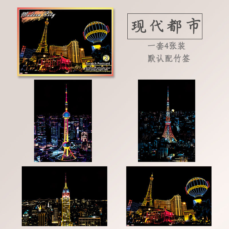 Yuelu YUELU night scene scratch painting city scenery building scratch painting small colorful cross-border hot selling scratch painting