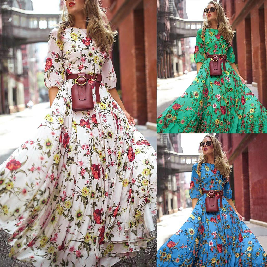 2024 Spring and Autumn New European and American Cross-border Amazon Dress Printed Swing Temperament Chiffon Floral Slim Long Skirt