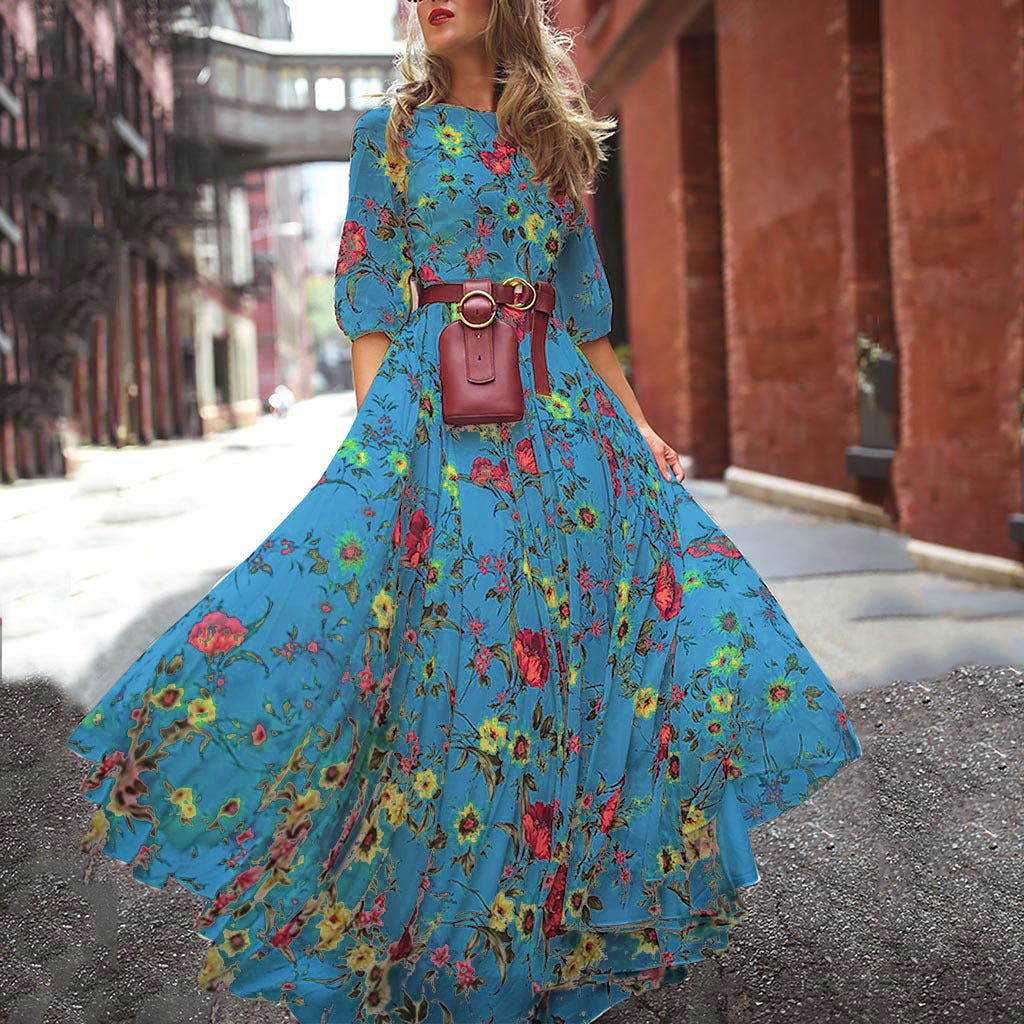 2024 Spring and Autumn New European and American Cross-border Amazon Dress Printed Swing Temperament Chiffon Floral Slim Long Skirt