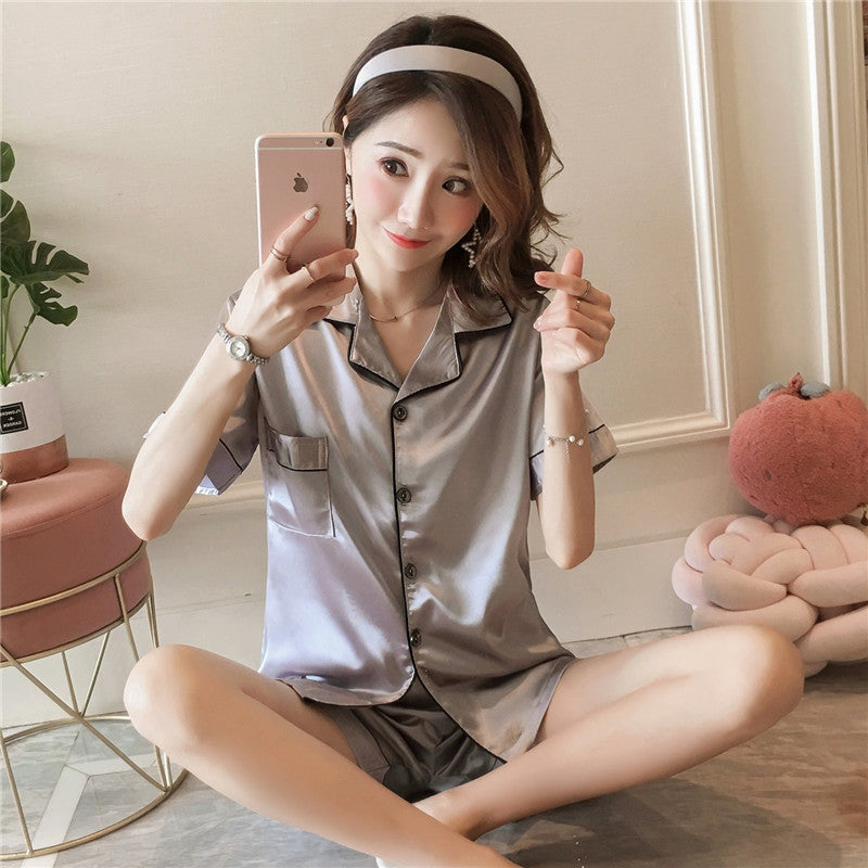 2020 summer Korean style imitation silk short-sleeved ladies cardigan lapel silky silk shorts home service set