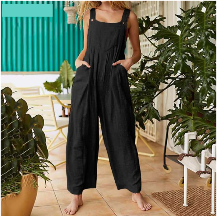 2021 new Amazon cross-border foreign trade female printing sleeveless side pocket casual wide-leg side buckle jumpsuit