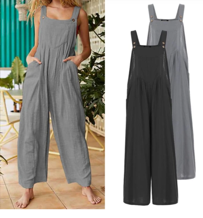 2021 new Amazon cross-border foreign trade female printing sleeveless side pocket casual wide-leg side buckle jumpsuit