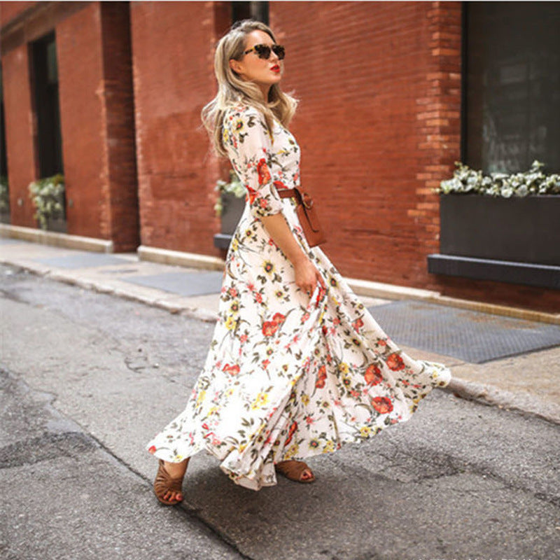 2024 Spring and Autumn New European and American Cross-border Amazon Dress Printed Swing Temperament Chiffon Floral Slim Long Skirt