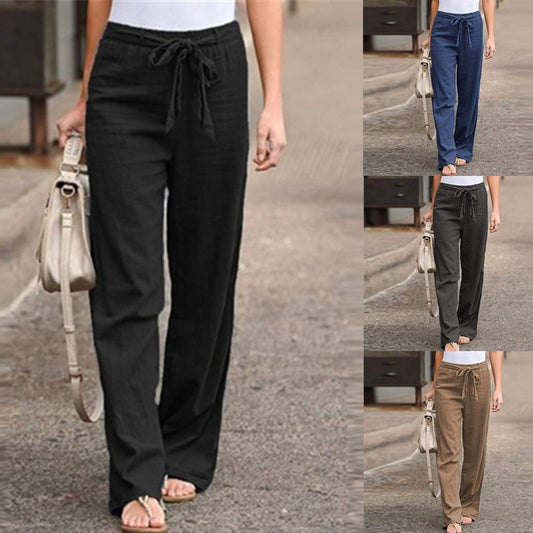 2023 cross-border women's clothing wish aliexpress summer elastic waist solid color cotton and linen wide-leg pants loose trousers women