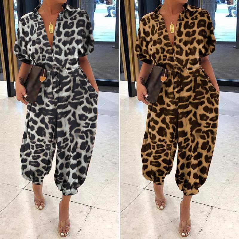 2023 European and American new leopard print jumpsuit women retro women's short-sleeved button casual pants loose large size