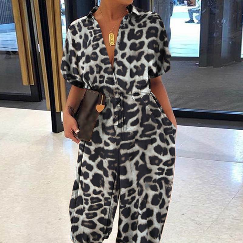 2023 European and American new leopard print jumpsuit women retro women's short-sleeved button casual pants loose large size