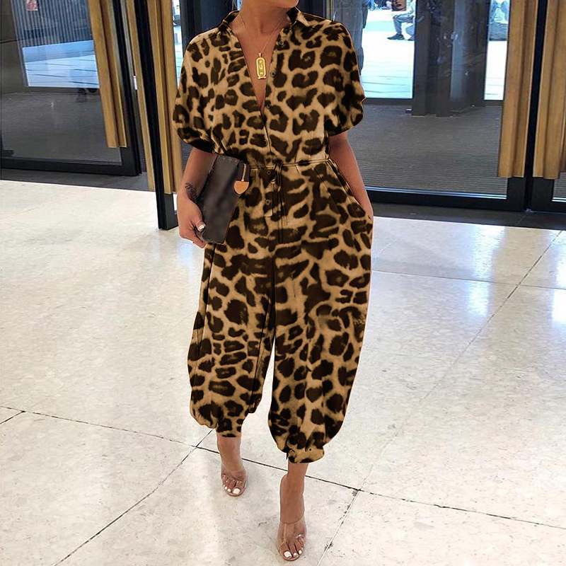 2023 European and American new leopard print jumpsuit women retro women's short-sleeved button casual pants loose large size