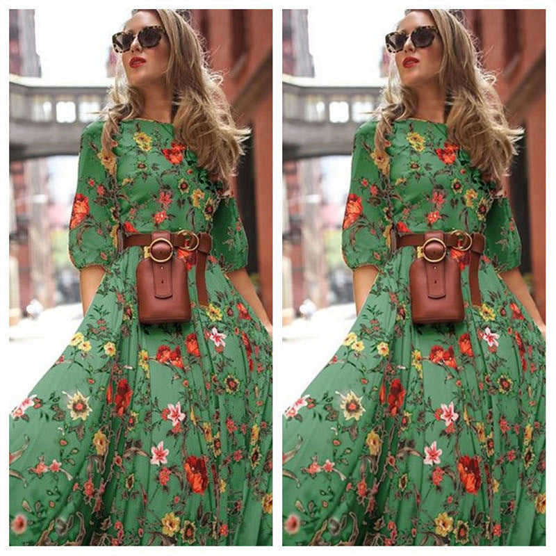 2024 Spring and Autumn New European and American Cross-border Amazon Dress Printed Swing Temperament Chiffon Floral Slim Long Skirt