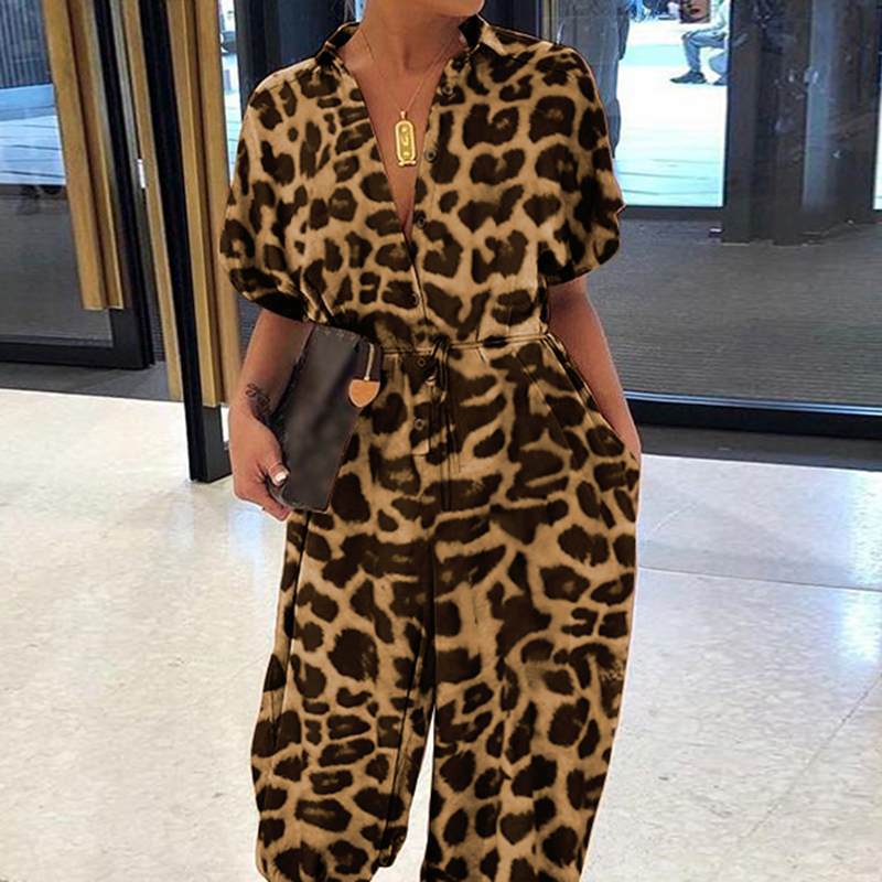 2023 European and American new leopard print jumpsuit women retro women's short-sleeved button casual pants loose large size