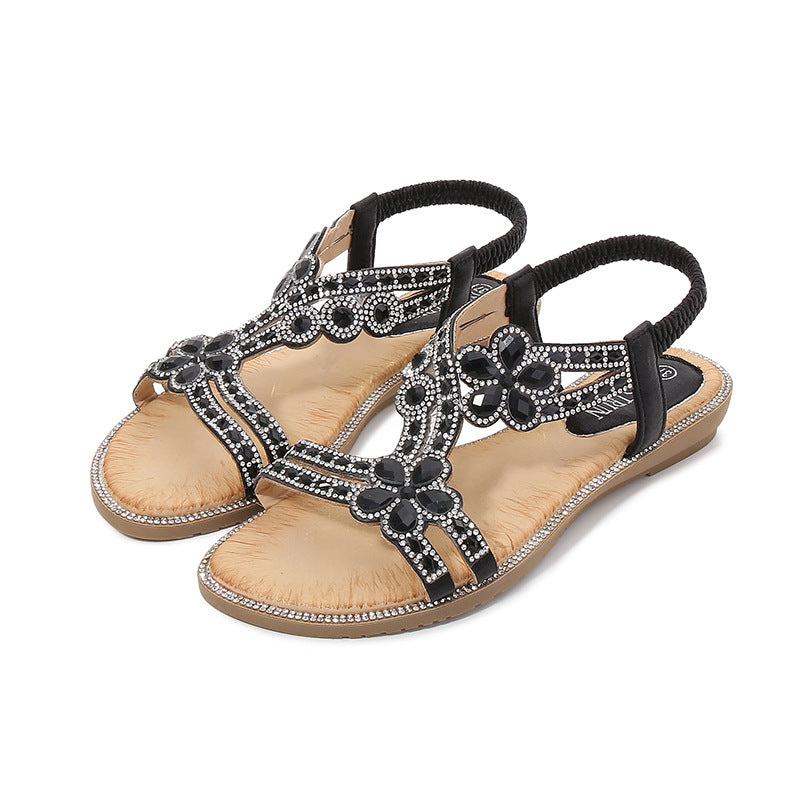 2021 new cross-border large size hollow sandals bohemian style women's shoes summer comfortable flat rhinestone sandals