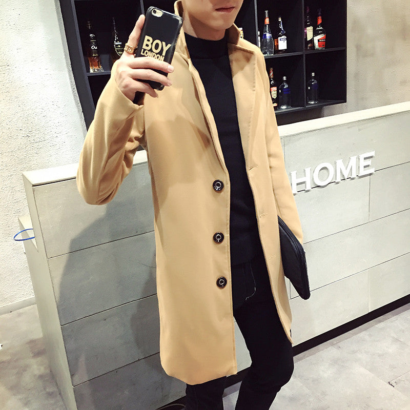 AliExpress 2019 foreign trade men's long solid color single-breasted windbreaker European and American large size casual woolen jacket wholesale